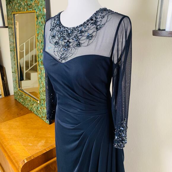 Patra Size 10 Illusion Jeweled Neck Draped Gown Dress Navy Blue Wedding Cocktail - Picture 4 of 14